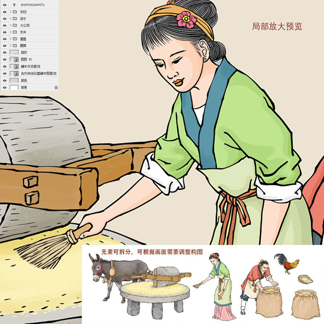 石磨 碾米 石磨小米 毛驴拉磨 磨盘 五谷杂粮 手绘粮食插画 插图 壁画挂画 加工图 传统工艺 手工作坊 包装设计 古代人物 古法
