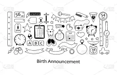 出生公告。儿童卧室的新生儿度量向量元素集。