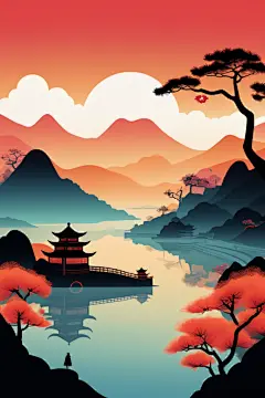 唯美国潮风扁平山水意境插画