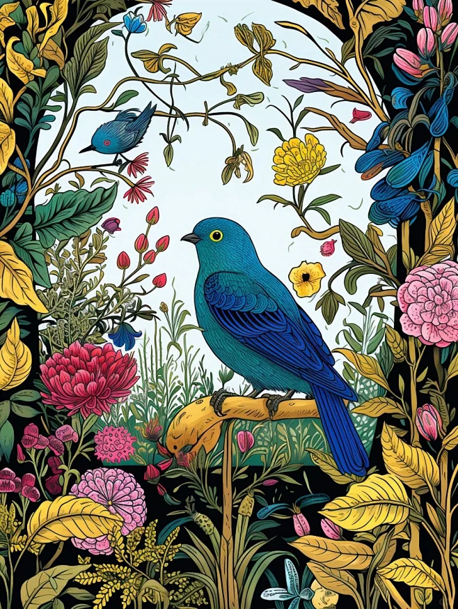 唯美·蓝鸟花园·线描插画