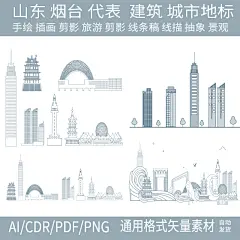 山东烟台城市建筑地标天际线条描稿剪影插画旅游景观手绘设计素材