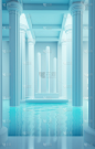 房间里白色空间的3d背景，浅靛蓝和浅海蓝，古典圆柱