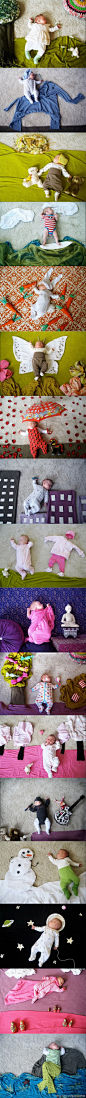 芬兰一位妈妈Adele在她宝贝女儿Mila睡觉时用衣服、毛巾等道具给她摆出了许多故事里的场景拍下来。很自然的创意和造型，她把这些照片集成一本相册：“Mila的白日梦”。