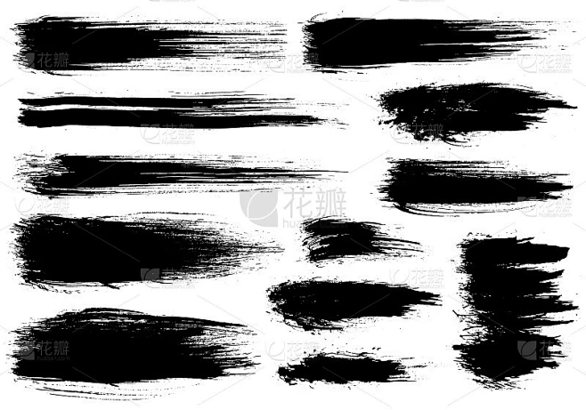 油漆刷。黑色的墨渍笔触。向量画笔设置。枯燥乏味的设计元素。画墨水条纹素材-花瓣网