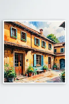 手绘油画老房子四合院插画-众图网