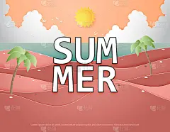 创意插图夏季背景概念与景观的海滩和海洋。