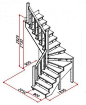 LOFT阁楼楼梯，二楼楼梯尺寸解析图。木结构L型中部转角式。设计参考。