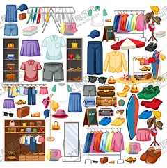 多样服饰及收纳场景插画 【酷图网】服饰,衣柜,收纳,衣架,鞋子,帽子,包包,抽屉,衣物,挂饰,行李箱,镜子,摆件,配饰,卡通,插画,矢量