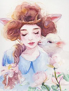 羊年快乐-林弄人_水彩,插画,少女,小清新_涂鸦王国插画