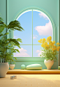 an open green room with a window and plants, in the style of rococo pastel colors, vibrant colorscape, luminous 3d objects, clear edge definition, rounded, tabletop photography, sky-blue and yellow