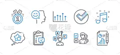 教育图标集，如测验、验证、排名、心情好、成长表、认可、意见、音乐笔记、清单、报告文件行图标等。 面试