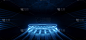 现代科幻未来派蓝色霓虹发光激光圆灯舞台陈列室地下猫步机库技术背景隧道走廊3D渲染
