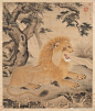#走兽画#【 明 佚名 《狻猊图》 】立轴，纸本设色，211.9×178.6cm，台北故宫博物院藏。本幅石渠宝笈初编（御书房）著录。画瀑布水岸间，一雄狮头顶鬃毛，瞠目咧嘴，挺胸立坐于树下，充满王者气势。画者以重复皴擦的线条，勾勒树干粗糙的纹理，再以阴影向背的体势，表现质量感。成作时间约在明代中晚期，与宫廷风格关系密切。
       “狻猊”一词，系由印度语系或梵语音译而来，西晋郭璞（276-324年）注〈尔雅〉指出，狻麑（猊)与师（狮）子实为一物二名，自西域传入中国。
        #书画新浪潮# #