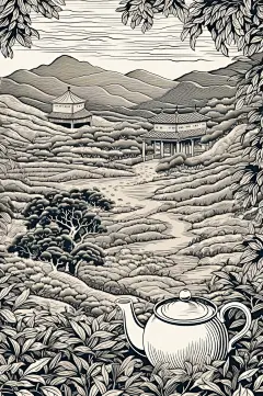 AI数字艺术复古铜版画茶园茶叶插画-众图网