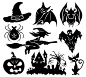 9款万圣元素剪影设计矢量素材，素材格式：EPS，素材关键词：蜘蛛,剪影,万圣节,黑猫,蝙蝠,巫婆,幽灵,城堡,枯树,南瓜灯,女巫