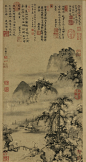 元 曹知白 山水-另开窗口<br/>曹知白(1272-1355)，华亭人。与士人往来密切，常有诗画唱和。本幅上方有五位元代士人题跋，其中王元章即王冕(?-1359)，遂昌山人为郑元右(1292-1364)，二人都是元中后期江南文士，常以诗画相互唱和，是江南文人顾瑛(1310-1369)之玉山草堂雅集常客。本幅画隔水江岸，主山峰峦水墨淋漓，前中景作双松耸立，笔墨造型皆从北宋李郭传统中汲取特色，再以焦浓黑墨提醒主题，营造出更有墨趣的元代李郭画风新意。