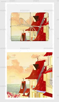 红色橘色清新简约手绘风格夕阳海边红顶异域小镇插画简约风植物家纺图案纯棉直喷