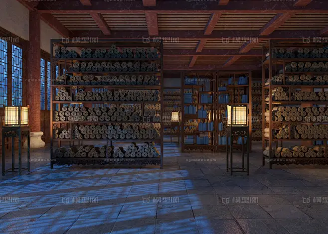 古代室内书架场景 藏经阁模型-古代场景模型库-3ds Max(.max)模型下载-cg模型网-花瓣网