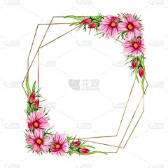 水彩花圈与宇宙花，树叶，树叶，树枝，蕨叶和地方为你的文字。完美的婚礼邀请函，贺卡。金色的野花。