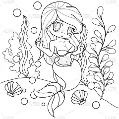 漂亮的美人鱼公主可爱的卡通人物，卡瓦尼动画风格。小美人鱼彩绘书的矢量图解.