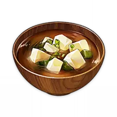 Miso Soup : Miso Soup is a food item that the player can cook. The recipe for Miso Soup is available from Shimura Kanbei in Inazuma City for 1,250 Mora. Depending on the quality, Miso Soup restores 8/9/10% of Max HP to the selected character and regenerat