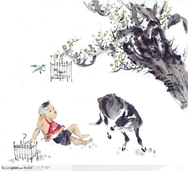 中国国画之人物-坐在树下鸟笼旁的小孩