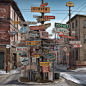 a collage of street signs from around world in a photo realistic image. The signs should be in various languages and include traffic arrows and directional signs that appears confusing.