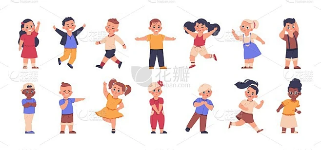 卡通的孩子。可爱的多元文化男孩和女孩，快乐的情绪。孩子们用手势打招呼。欢快的人物挥手，走或跑。向量年图片_其他图片图片素材-花瓣网