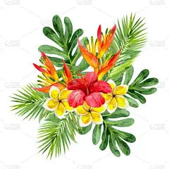 色彩艳丽的热带花束和水彩画的树叶.明信片、邀请函、海报、包装材料、纺织品等的设计.