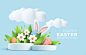 3d trendy easter greeting with 3d product podium, spring flower, cloud, easter egg and bunny