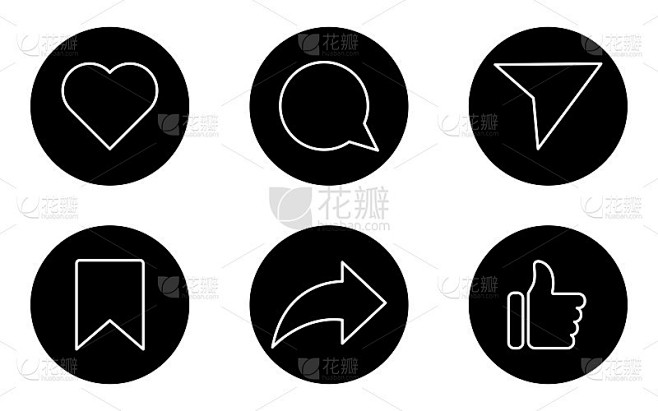 社交媒体图标。点赞，评论，分享，保存，点赞和转发。