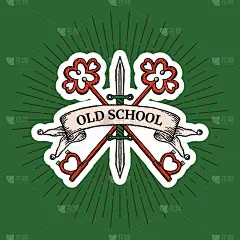 用钥匙、刀和雕刻带勾勒和阴影的旧学院派纹身在现代明亮的红色，粉色和绿色复古风格