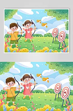 淡雅手绘卡通射箭运动时尚插画