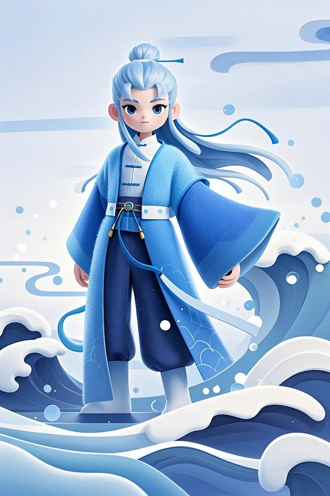 卡通立体蓝色古风人物敖丙AI插画哪吒电影人物.PNG-花瓣网
