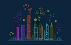 点击来源直接获取大图文件 |Hong kong city vector panorama with festive fireworks. China line cityscape with buildings