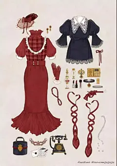 画师fouatons(ふわっとん)  的作品欣赏，复古风可爱的小裙子素材，少女感满满啊~