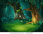 Vector cartoon illustration of background forest glade. Bright wood with butterflies. For design game, websites and mobile phones, printing.