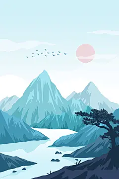 扁平风手绘风景插画模版