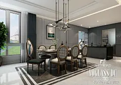 简约是本次别墅装修设计案例中餐厅营造的空间氛围。在餐厅的搭配上，采用欧式的座椅结合现代创意灯饰，以及黑白地板装饰，凸显空间干练、大气，配上花艺绿植，简易插画，赋予居室更多的诗情画意。