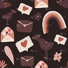 一套浪漫的图标涂鸦设计。刻字、丘比特、鸟、心、花、唇等。情人节人物和插图。