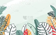 丛林植物矢量插图与热带树叶子香蕉，怪兽，棕榈树和日落的天空。热带景观边界背景在简单的现代平板风格与文