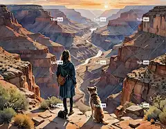 Ai产生的 峡谷 狗 女孩 旅行 日落 看法 山脉 景观