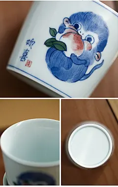 勾画景德镇手绘卡通可爱小猴子陶瓷青花水杯成人儿童品茗杯主人杯-淘宝网