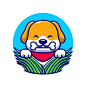 草丛里的小狗啃骨头卡通矢量插画矢量图设计素材