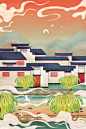古风国潮中式山水建筑名胜旅行场景手绘插画海报PSD素材 – 优创社
