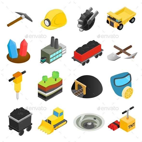 矿业等距三维图标-杂项图标Mining Isometric 3d Icons - Miscellaneous Icons3 d、推土机、煤炭 ...
