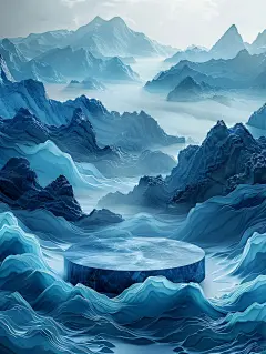 AI建模-渲染-蓝色-展示台-山林间