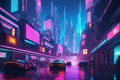夜景未来汽车赛博朋克风都市城市插画图片
