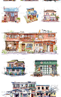 水彩建筑图作品素材手绘房屋稿插画临摹森系清新日韩街景设计素材