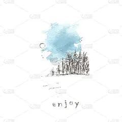 手绘的冬季景观有森林，雪地，天空和太阳。